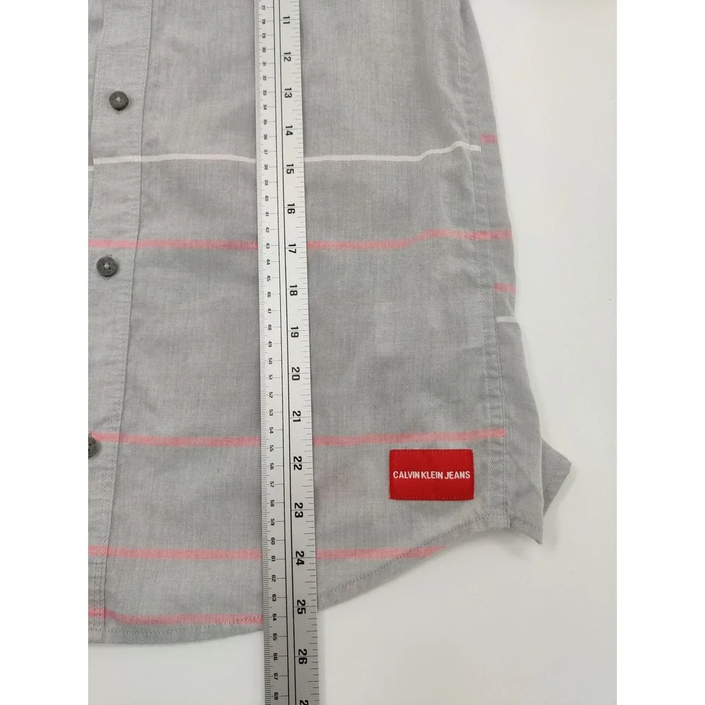 Calvin Klein Jeans Boys‎ Large 14/16 Grey Pink Striped Short Sleeve Button Down
